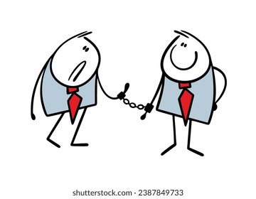 Business partner, boss restricted  freedom of employee in commercial firm. Two stickman chained and handcuffed. Vector illustration of psychological boundaries, toxic relationships.  Isolated cartoon.