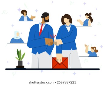 Business partner concept. A man and woman bump fists to show mutual cooperation with other team members behind them to provide support. Teamwork, synergy, development, challenge. 