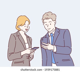 Business partner discuss about the details on smartphone. Hand drawn in thin line style, vector illustrations.