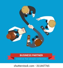 Business Partner Handshake Deal Contract Meeting. Top View Flat Web Infographic Concept Vector. Businessmen And Assistants. Creative People Collection.