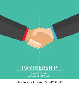 Business partner handshake of business partners. Success deal, happy partnership, casual handshaking agreement. Flat design, vector illustration on background