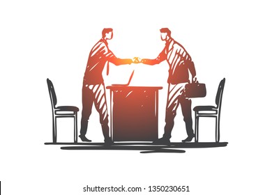 Business, partner, handshake, suit, deal concept. Hand drawn business partners shaking hands concept sketch. Isolated vector illustration.