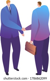 Business partner make deal, businessman character with briefcase discuss company plan isolated on white, isometric vector illustration. Concept male in business dress people handshake.