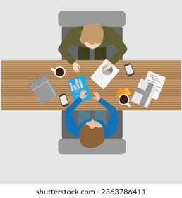 Business partner meeting and working with paper analytics document. business man sitting around at conference desk top aerial view vector illustration.