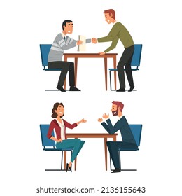 Business Partner Sitting at Table Face to Face Engaged in Negotiation Vector Set