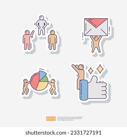 business partner and teamwork, man hold mail, market sharing, approved sign with thumb up. sticker icon set. Team work vector illustration