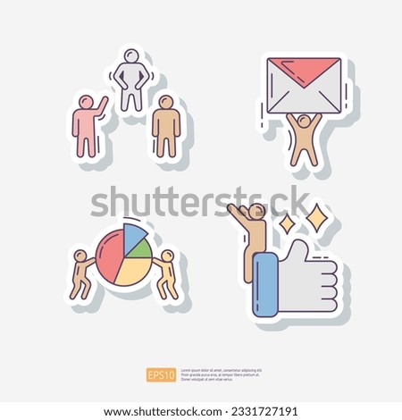 business partner and teamwork, man hold mail, market sharing, approved sign with thumb up. sticker icon set. Team work vector illustration