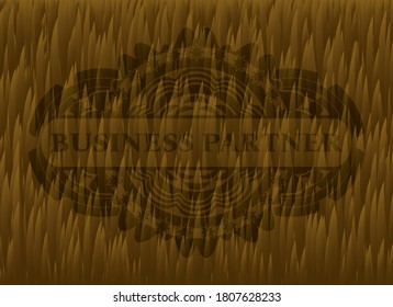 Business Partner text inside Brown fur realistic badge. Animal luxurious background. Artistic illustration. 
