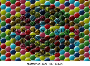 Business Partner text inside Colorful multicolored badge. Hexagon luxurious background. Intense illustration. 