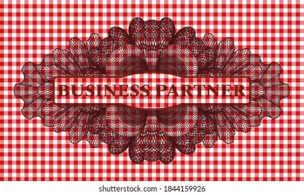Business Partner text inside Currency red checkered tablecloth emblem. Restaurant handsome background. Illustration. 