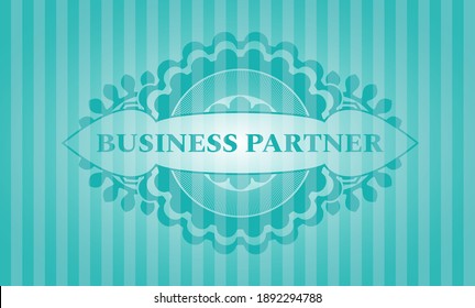 Business Partner text inside realistic Turquoise emblem. Delicate striped background. Vector illustration. 