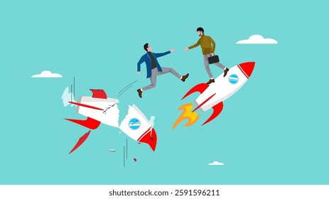 business partner trust, trust in business partnership, businessman helps his co-worker from a rocket that is about to fall illustration