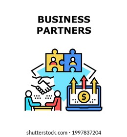 Business Partner Vector Icon Concept. Discussing And Communication Businessman With Business Partner About Collaboration For Increase Profit. Partnership And Cooperation Color Illustration