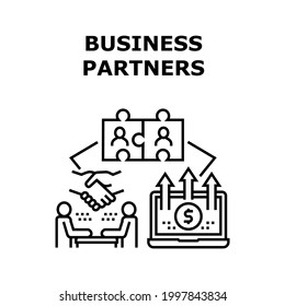 Concepto de icono de vectores de socios comerciales. Discutir Y Comunicar A Empresarios Con Socios De Negocios Acerca De La Colaboración Para Aumentar Las Ganancias. Asociación Y Cooperación Ilustración Negra