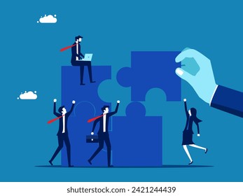 Business partners. Big businessman connects the last jigsaw puzzle with the business team