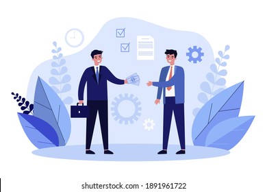 Business partners closing contract. Agreement, payment, deal. Flat vector illustration. Partnership, business meeting concept for banner, website design or landing web page