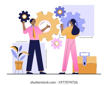 Business partners combine skills and knowledge in their joint project. Working on the idea development. Flat abstract metaphor cartoon vector illustration concept design. Isolated on white background.