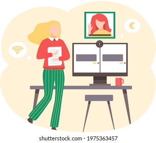 Business partners communicating, using video calling via internet. Women discuss work issues from distance. Concepts teamwork remotely. Team of analysts holds meeting and develops marketing strategy