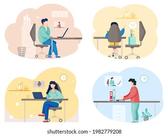 Business partners communicating, using video calling. Men discuss work issues from distance sitting at table with computer and web cam. Team of colleagues or friends holds meeting talking via internet