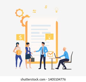 Business partners concluding contract. Internet, partnership, smart contract concept. Vector illustration can be used for topics like business, technology, management