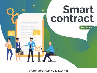 Business partners concluding contract, sample text. Internet, partnership, smart contract concept. Presentation slide template. Vector illustration for topics like business, technology, management