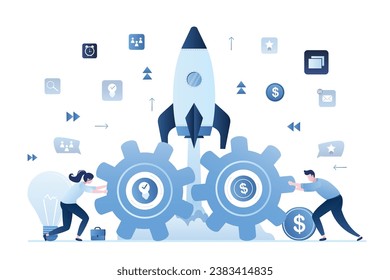 Business partners create new startup. People are rolling giant gears, successful negotiation, contract or deal. Rocket takes off, new business. Businessmen with ideas and money. Vector illustration