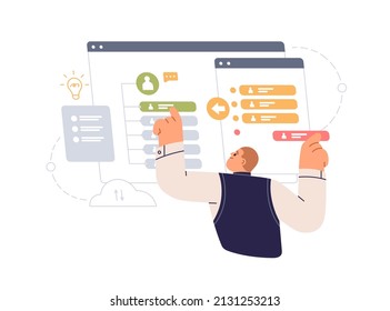 Business Partners Database Administration And Management. Administrator Managing System, Structuring Information About Contractors, People. Flat Vector Illustration Isolated On White Background