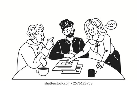 Business partners discussing contract at round table linear icon. Businesswoman explains charts to men characters doodle illustration