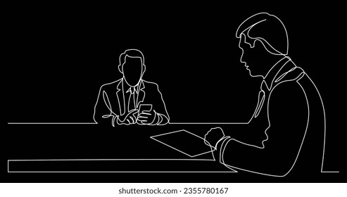 business partners discussing details of work contract - single line drawing