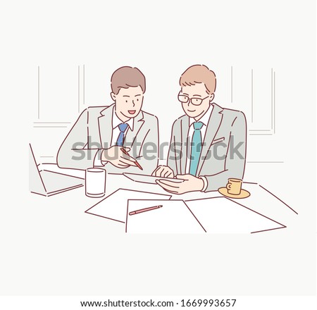 business partners discussing documents and ideas at meeting. Hand drawn style vector design illustrations.