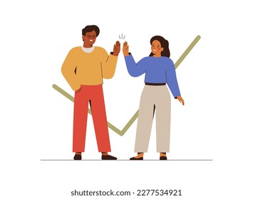 Business partners give to each other high five as sign finished project or achieve some goal. Young entrepreneurs have a good idea for new start up. Partnership and help concept. Vector ullustration.