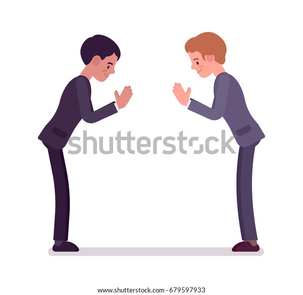 ビジネスパートナー がおじぎをします 礼儀正しい男性は 日本式の挨拶 敬礼の挨拶をします オフィスエチケットのコンセプト 白い背景にベクターフラットスタイルの漫画イラスト のベクター画像素材 ロイヤリティフリー