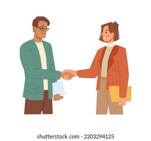 Business partners giving a handshake, agreement or greeting. Collaboration and support, team work. Personage or character, vector in flat cartoon style