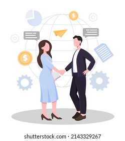 Business Partners Handshake Concept. Young Male And Female Entrepreneurs Conclude Deal Or Agreement. Characters Sign Cooperation Contract. Achieving Success. Cartoon Flat Vector Illustration