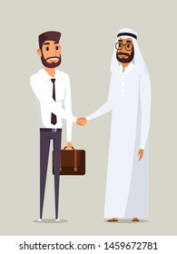 Business partners handshake flat illustration. European and Arab businessmen shaking hands. Successful negotiations isolated clipart. International companies CEO collaboration vector drawing