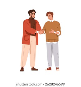 Handshake de parceiros de negócios. Homens profissionais cumprimentando, apertando as mãos para o acordo, cooperação, confiança e parceria. Conceito de comunicação. Ilustração de vetor plano isolada no plano de fundo branco