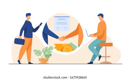 Business partners handshake. Business people shaking hands with each other over stack of money, closing deal. Vector illustration for startup, partnership, trust, investment, finance concept