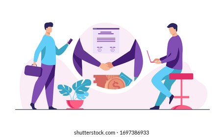 Business partners handshake. Business people shaking hands with each other over stack of money, closing deal. Vector illustration for startup, partnership, trust, investment, finance concept