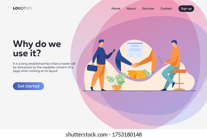 Business partners handshake. Business people shaking hands with each other over stack of money, closing deal. Vector illustration for startup, partnership, trust, investment, finance concept