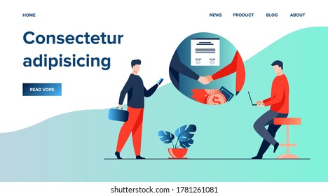 Business partners handshake. Business people shaking hands with each other over stack of money, closing deal. Vector illustration for startup, partnership, trust, investment, finance concept