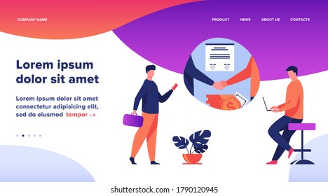 Business partners handshake. Business people shaking hands with each other over stack of money, closing deal. Vector illustration for startup, partnership, trust, investment, finance concept