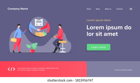 Business partners handshake. Business people shaking hands with each other over stack of money, closing deal. Vector illustration for startup, partnership, trust, investment, finance concept