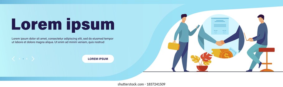 Business partners handshake. Business people shaking hands with each other over stack of money, closing deal. Vector illustration for startup, partnership, trust, investment, finance concept