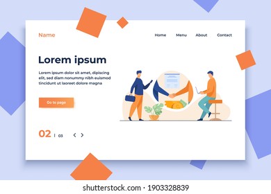 Business partners handshake. Business people shaking hands with each other over stack of money, closing deal. Vector illustration for startup, partnership, trust, investment, finance concept