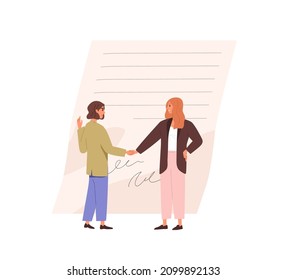 Business partners handshake and signed contract. Agreement conclusion concept. Businesswomen making deal, shaking hands after document approval. Flat vector illustration isolated on white background