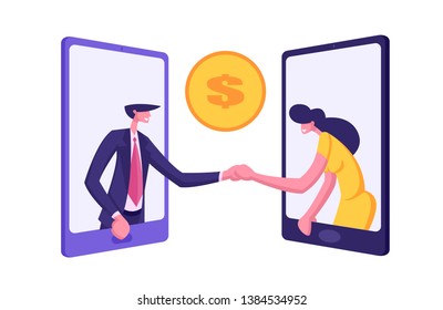 Business Partners Handshaking Through Smartphone Screens. Partnership Cooperation Concept with Businessmen Character Handshake Agreement. Vector flat cartoon illustration
