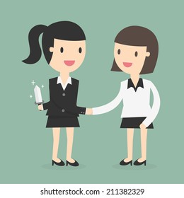 business partners handshaking while another people holding knife behind his back