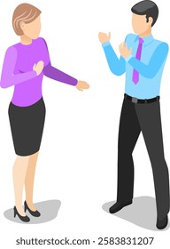 Business partners having a discussion, businesswoman gesturing with hand and businessman crossing arms, isometric business characters communicating