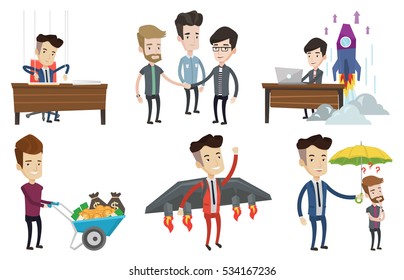 Los socios comerciales se unen. Los socios comerciales se ponen manos a la obra. Socios empresariales levantándose de la mano. Concepto de asociación. Conjunto de ilustraciones de diseño plano vectorial aisladas en fondo blanco.