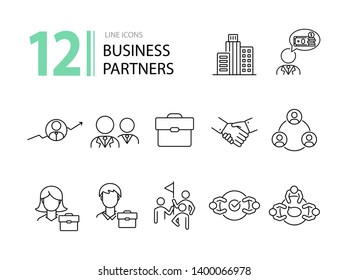 Business partners line icon set. Team, coworkers, handshake, meeting. Partnership concept. Can be used for topics like cooperation, collaboration, teamwork